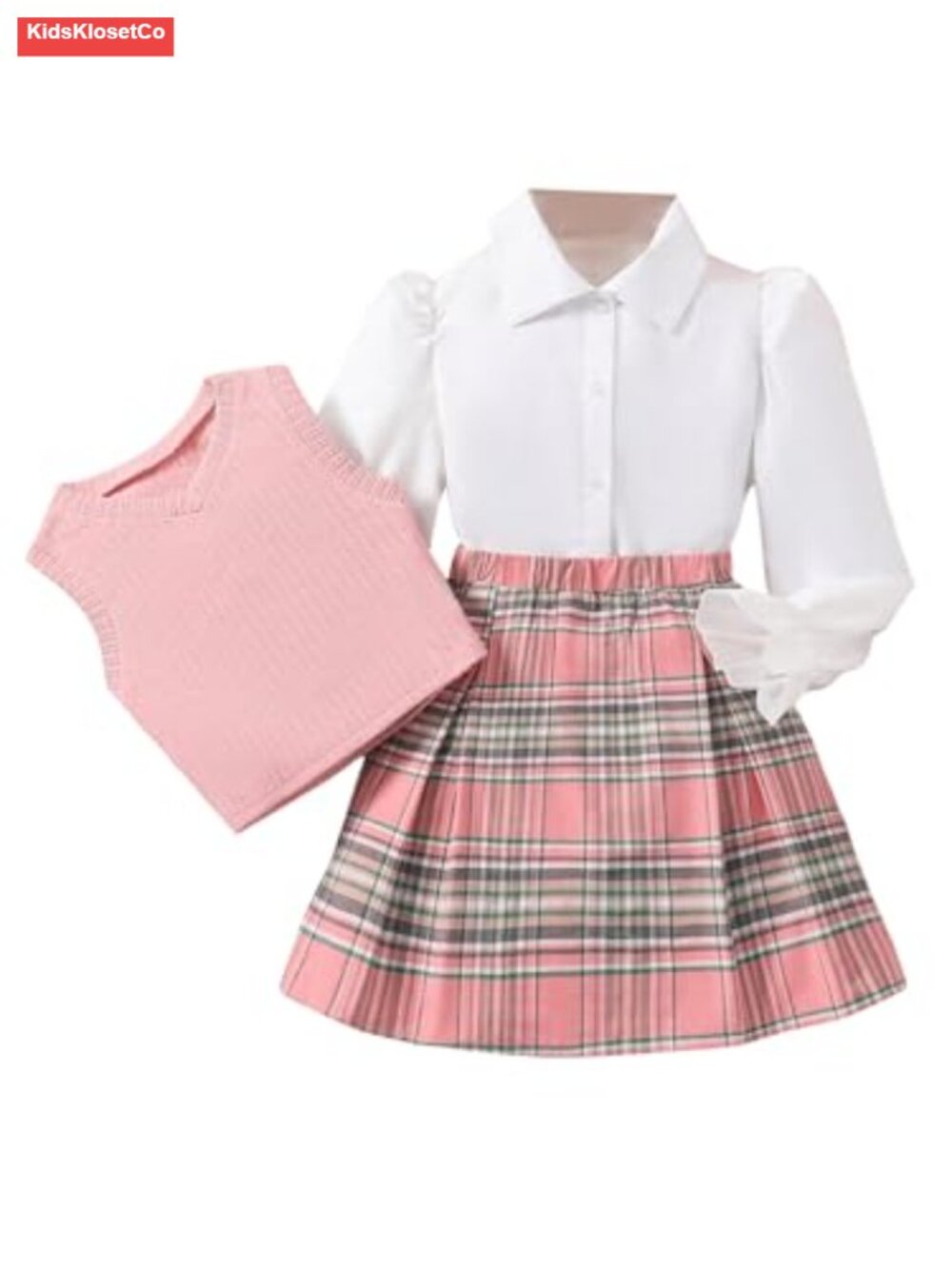 Girls 3 Piece Plaid Skirt Set Button Down Shirt Sweater Vest Pleated